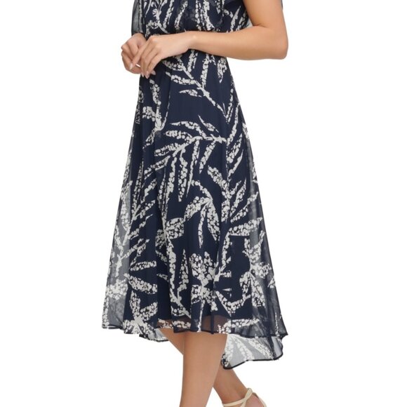 DKNY Printed Chiffon Flutter-Sleeve Midi Dress | Navy/Ivory | NWT | Size 2 - Picture 3 of 7